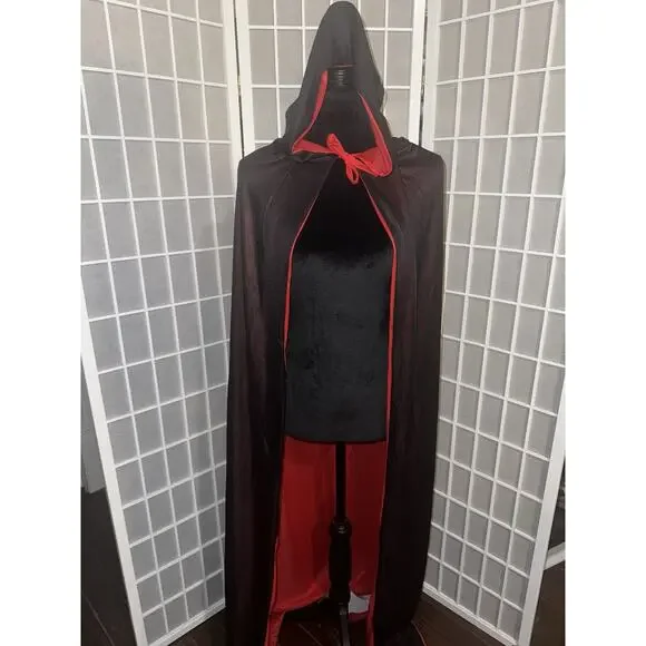 Halloween Reversible Black Red Cosplay Costume Hooded Masquerade Party Cape 63” - Picture 1 of 3